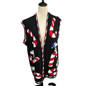 Festive Black and Red Cardigan Sweater with Candy Cane Design